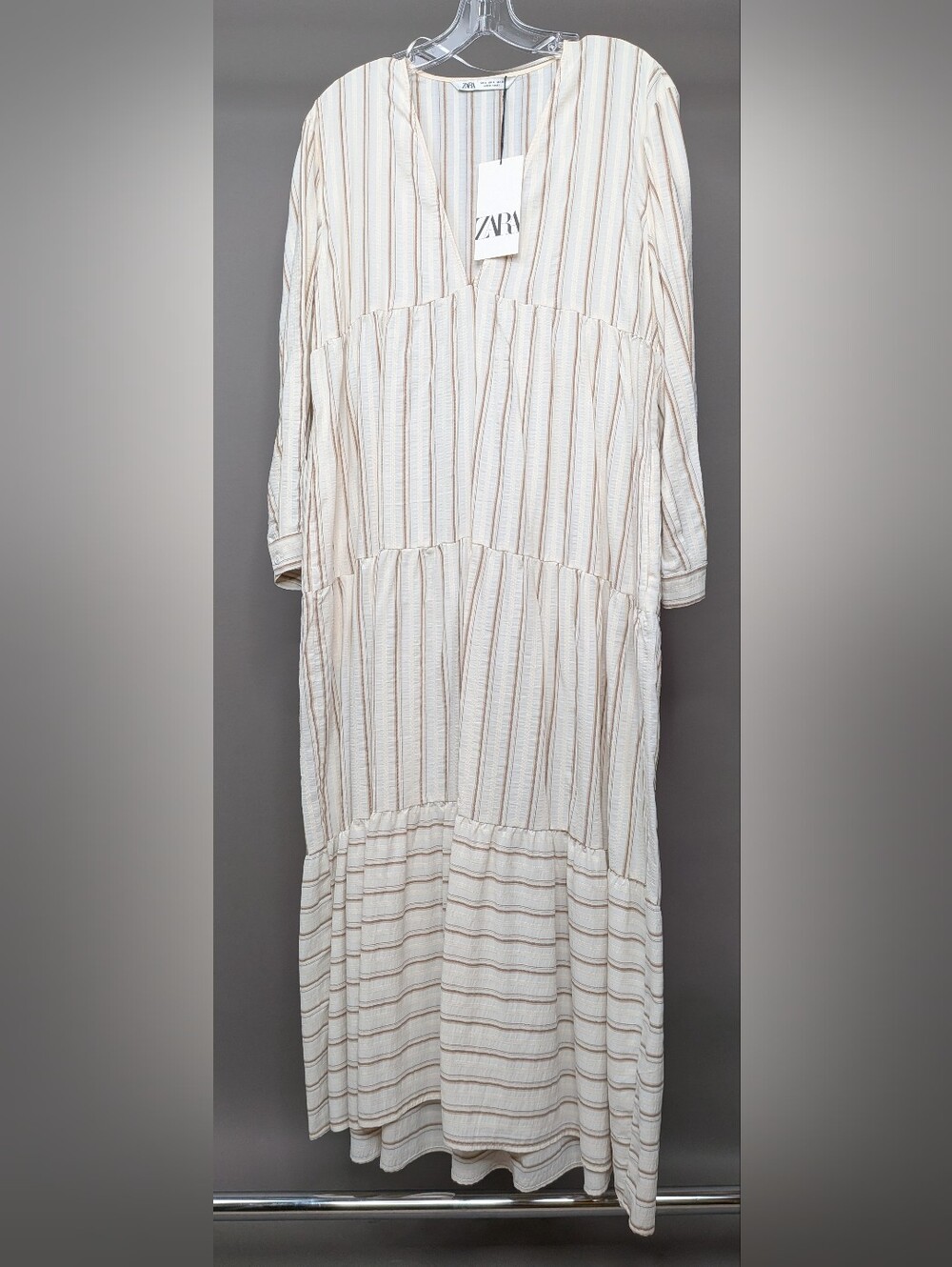 Zara Striped Tiered Maxi Dress in Cream and Tan - Picture 1 of 8
